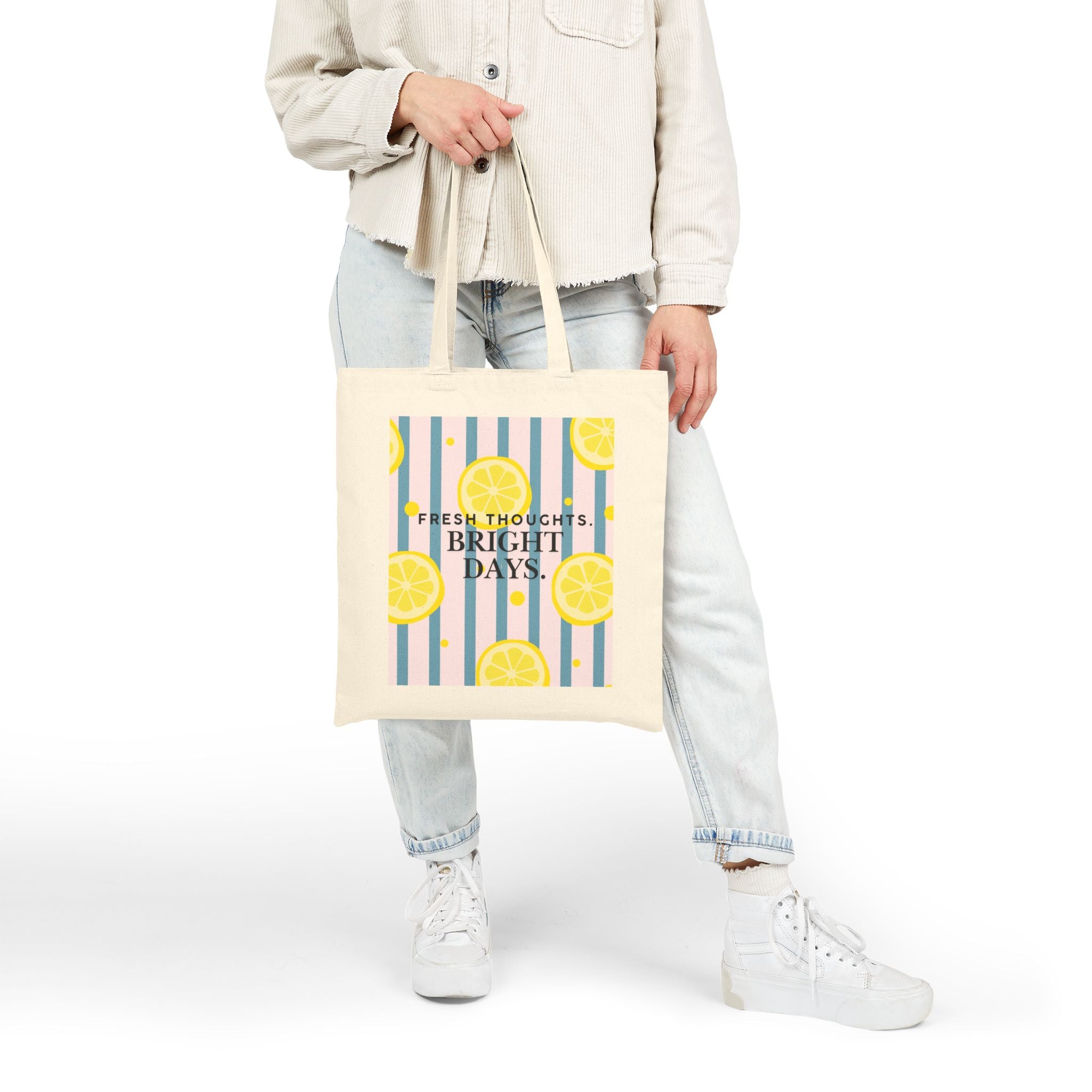 “Fresh Thoughts. Bright Days.” Lemon Cotton Tote Bag